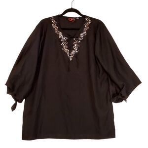 Cherry Krave‎ Black Blouse Silver Sequins Tie Sleeves Size 18 Pre-owned